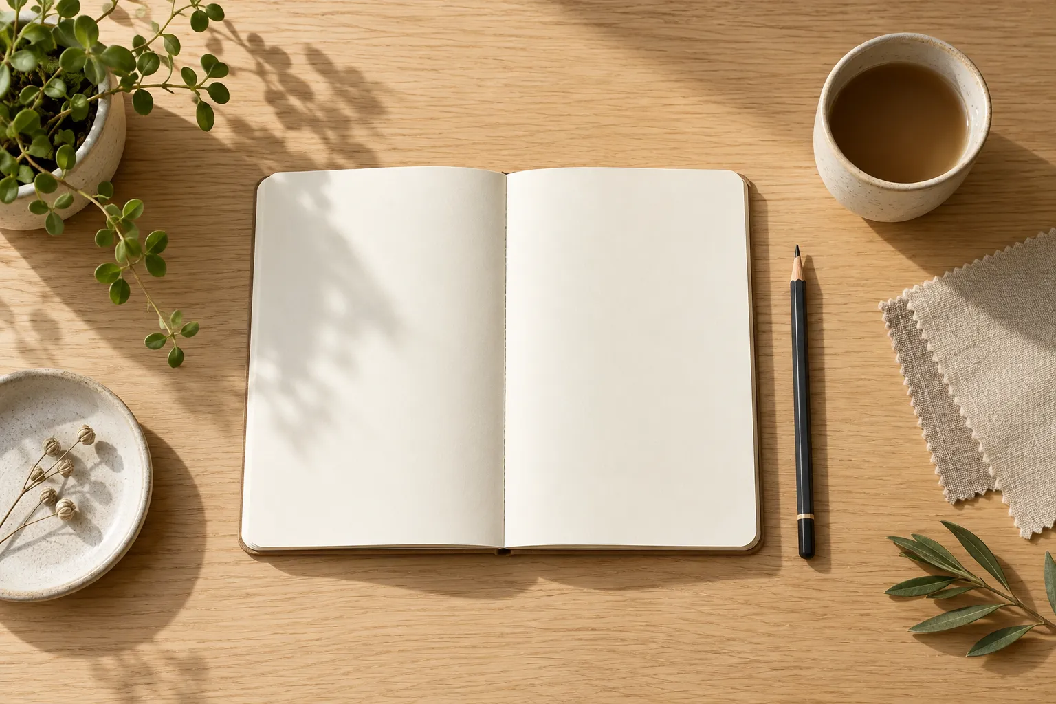 An open blank notebook, pencil, linen swatch and ceramic cup on an oak desk.