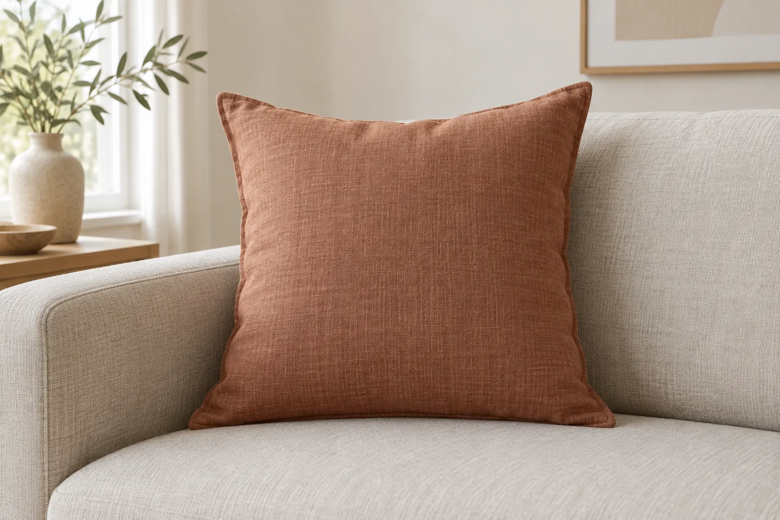 Terracotta linen cushion resting on an oatmeal-coloured sofa.
