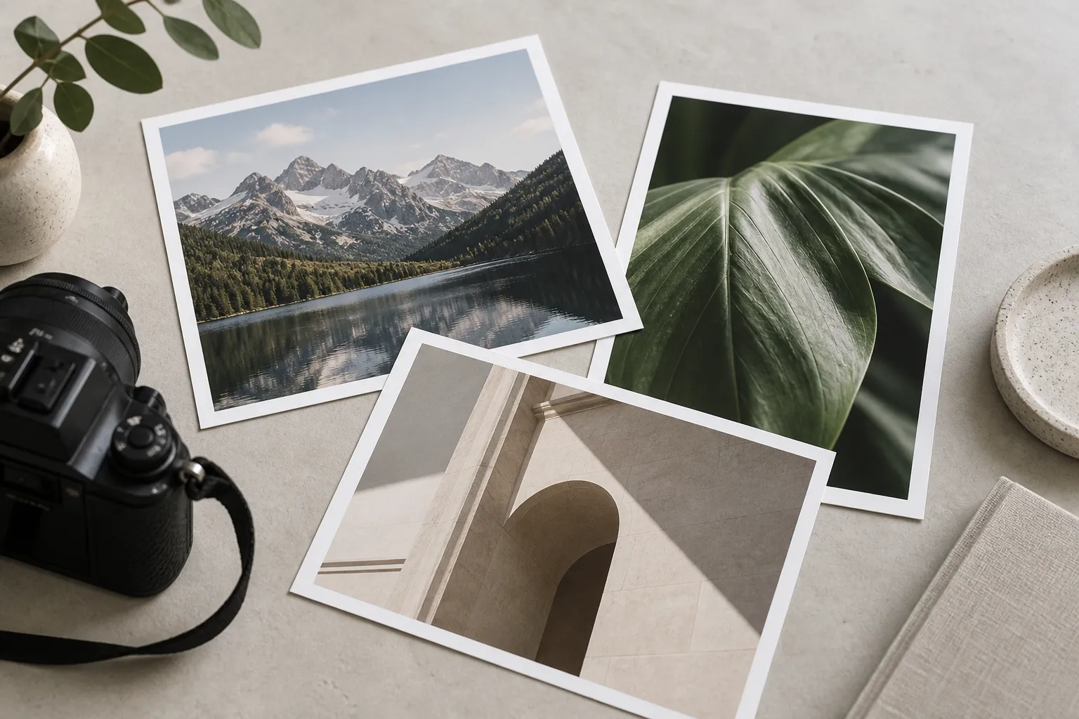 Photographic prints of mountains, a green leaf and architecture beside a camera.
